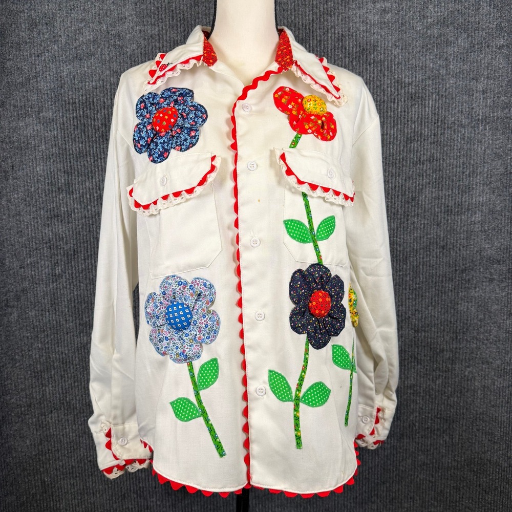 VTG 70s Polly Hayes 3D Flower Patchwork Shirt L Retro Ladybug Art Cottage OOAK
